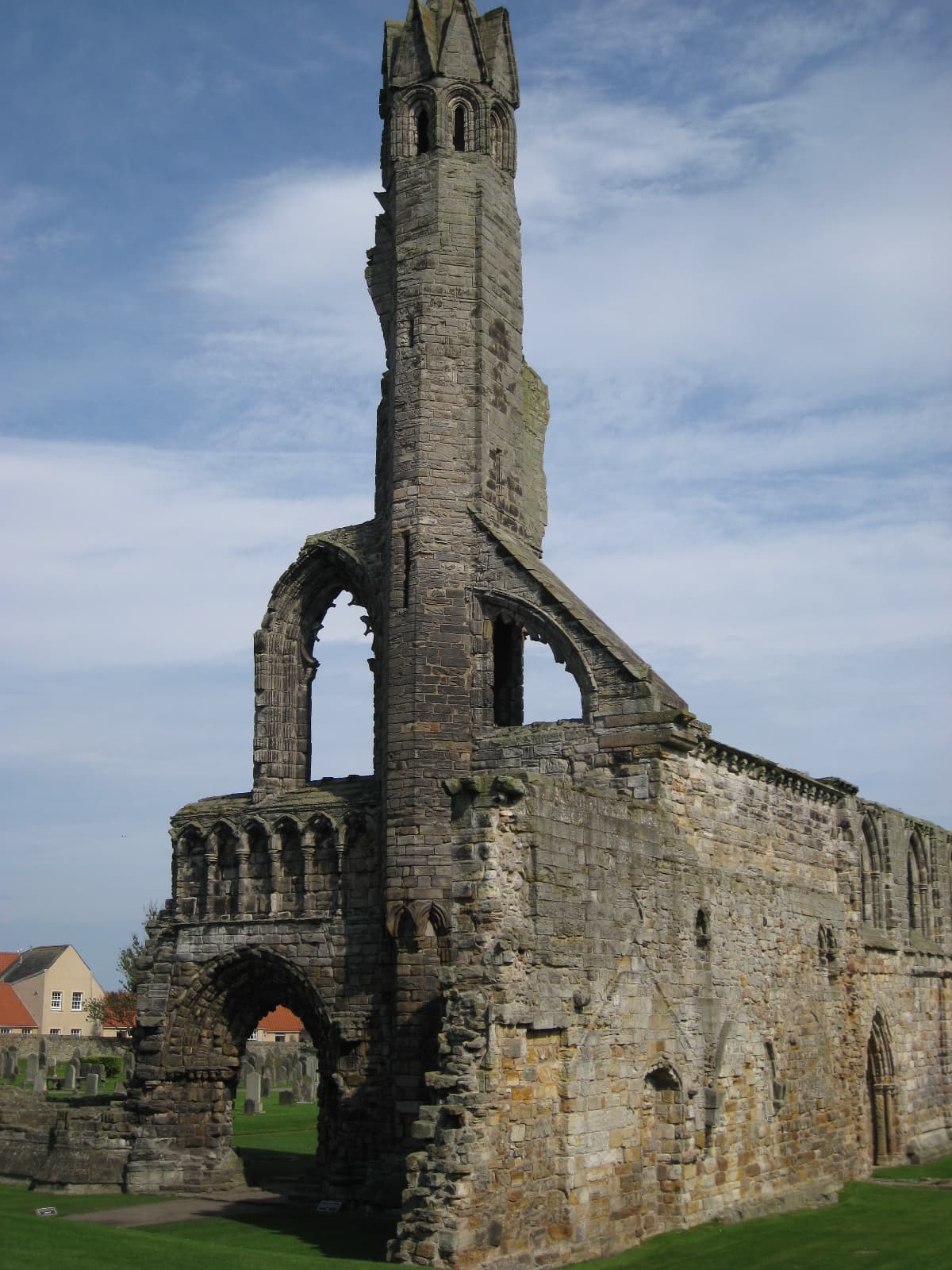 The surviving stone tower and arched walls of St Andrews Cathedral